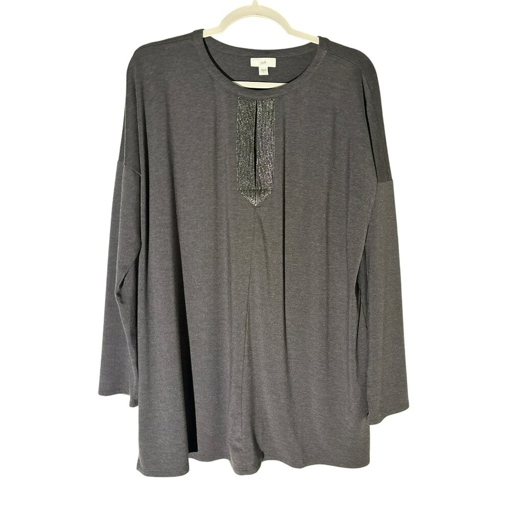 J. Jill Gray Long Sleeve Top W/ Metallic Accent Keyhole Design Tencel Blend L